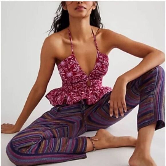 Free People Sweet Escape pants in purple blue combo stripe size S NWT - Picture 3 of 10
